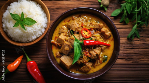 Top view of Spicy thai curry with pork meat serving with rice and decorating with herbal vegetable ingredients like chili and eggplant on the wooden floor background. Thai food. Generative Ai