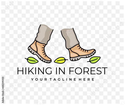 Feet in boots walking through forest, hiking and hike, colored graphic design. Camping, tourism, travel, traveling and journey, vector design and illustration