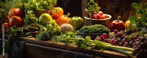 Fruits and green vegetable on old wooden table.