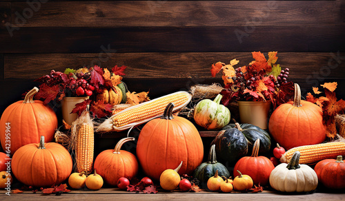 Festive autumn decor from pumpkins  berries and leaves.