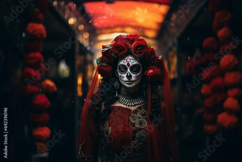 young model in traditional Mexican style in celebration of the day of the dead