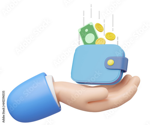3D Money in wallet floating in hand isolated. Business man holding purse, coin, banknote. Mobile banking, online service, cashback, refund concept. Saving money wealth. Cartoon icon. 3d rendering.