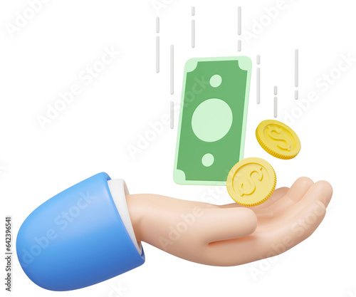 3D Coin and banknote float in hand isolated on transparent. Business man hold money icon. Mobile banking, cashback, refund, loan concept. Saving money wealth. Cartoon smooth. 3d rendering Illustration