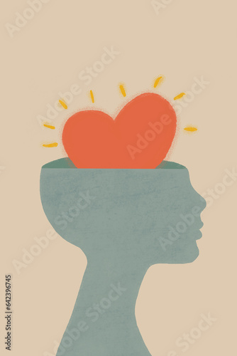 Concept of mental health of human open head and heart against gray wall photo