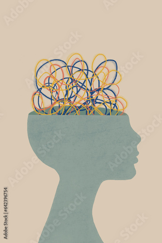 Illustration of mental health concept of human head thoughts against gray wall photo