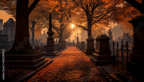 Autumn Cemetery.  Generative AI.   A digital rendering of an old cemetery in the Autumn with falling leaves.  