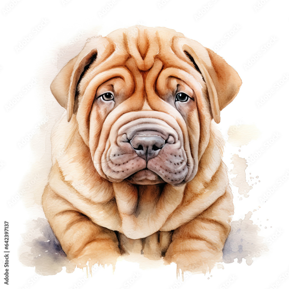Cute Shar-pei puppy, isolated on white background. Digital watercolour illustration.
