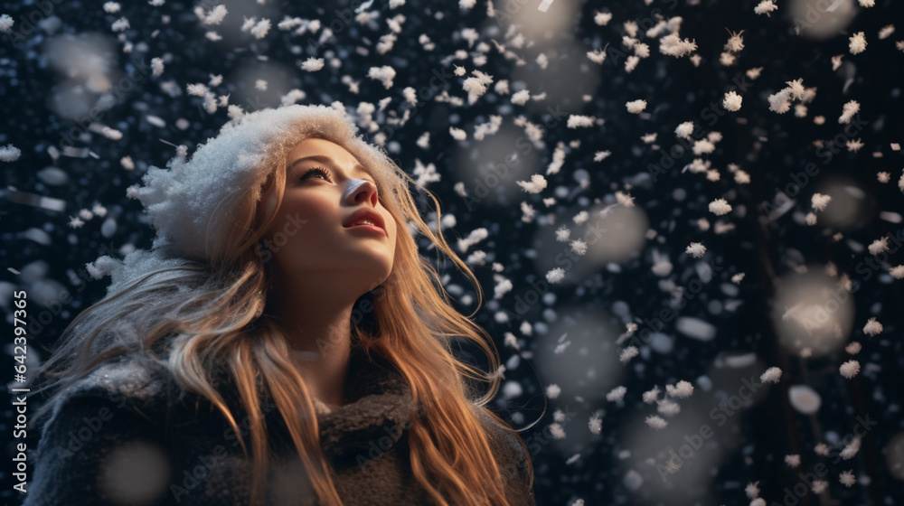 Woman looking at snow falling