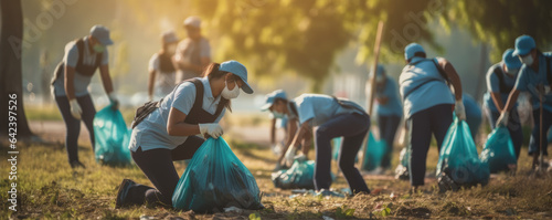 Volunteers cleaning green park from garbage.