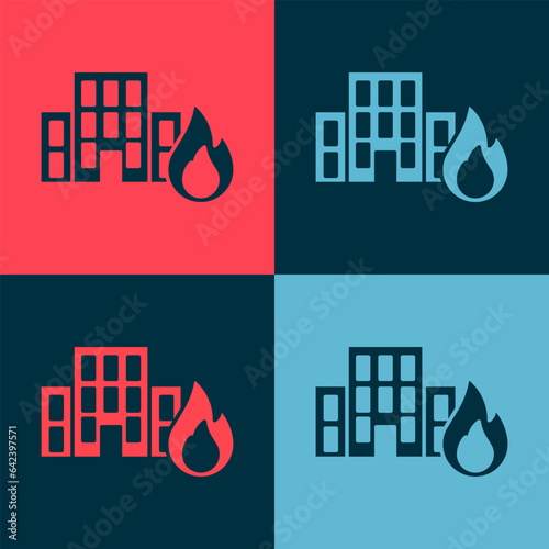 Pop art Fire in burning buildings on city street icon isolated on color background. Destroyed city on fire. Vector
