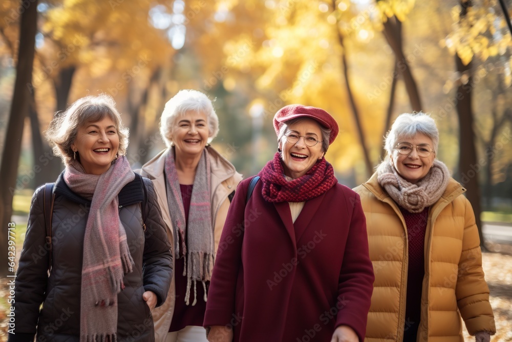 group of senior women walking in the autumn park