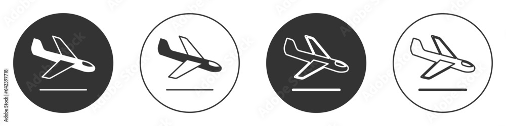 Black Plane landing icon isolated on white background. Airplane transport symbol. Circle button. Vector Black Plane landing icon isolated on white background. Airplane transport symbol. Circle button. Vector