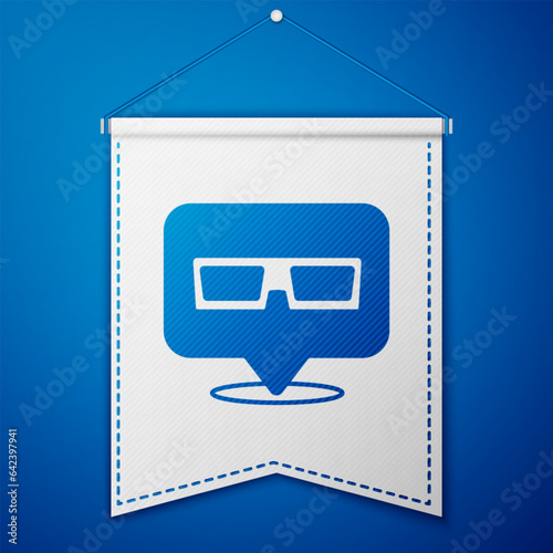 Blue 3D cinema glasses icon isolated on blue background. White pennant template. Vector