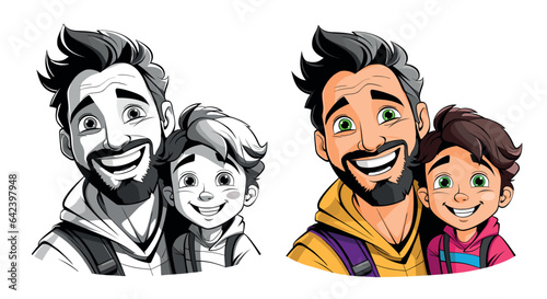 Happy dad and baby son are look into the camera together. Father is holding child. Fathers day. Vector illustration isolated on white