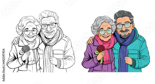 Elderly couple smiling. Old woman and old man couple embrace affectionately.