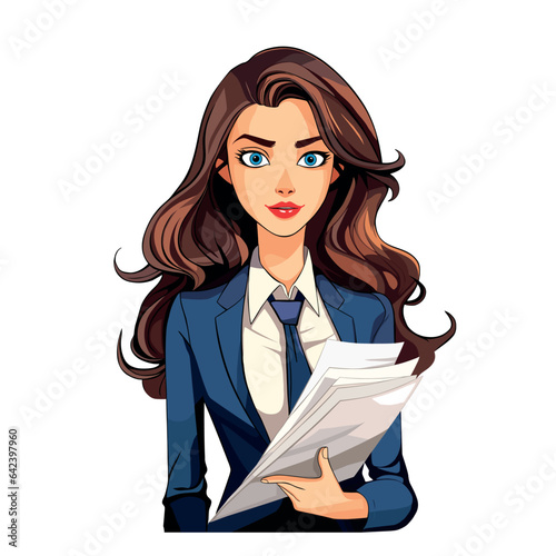 Young businesswoman office worker holding paper documents. Vector illustration isolated on white background