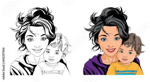 Mother holds her son, and hugs him, mother and her toddler son on white background.