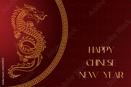 Happy chinese new year card with dragon, golden asian elements on red gradient background. Year of the dragon vector illustration