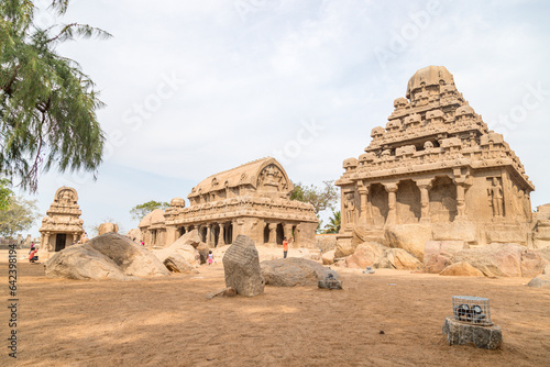 Ancient Hindu monolithic Pancha Rathas - Five Rathas, Mahabalipuram, Tamil Nadu, India photo