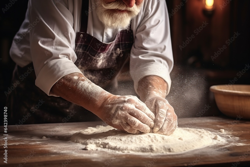 old baker kneading and baking bread in a bakery