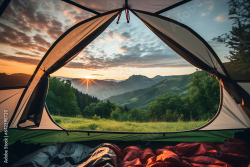 POV from a camping tent: scenic view of the mountains in the summer