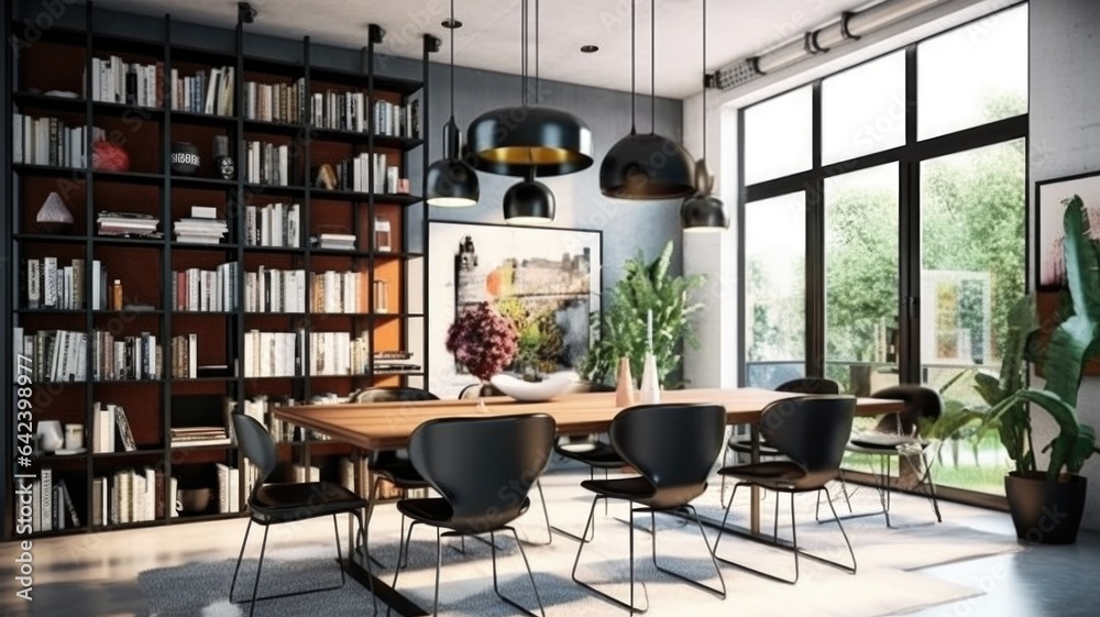 Interior design inspiration of Modern Industrial style home dining room loveliness decorated with Glass and Metal material and Metal Pendant Light .Generative AI home interior design .