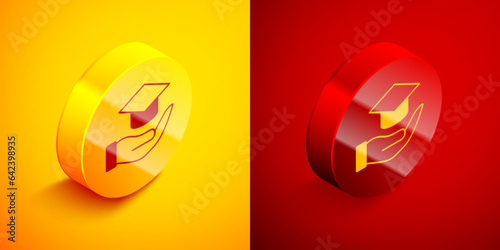 Isometric Education grant icon isolated on orange and red background. Tuition fee, financial education, budget fund, scholarship program, graduation hat. Circle button. Vector