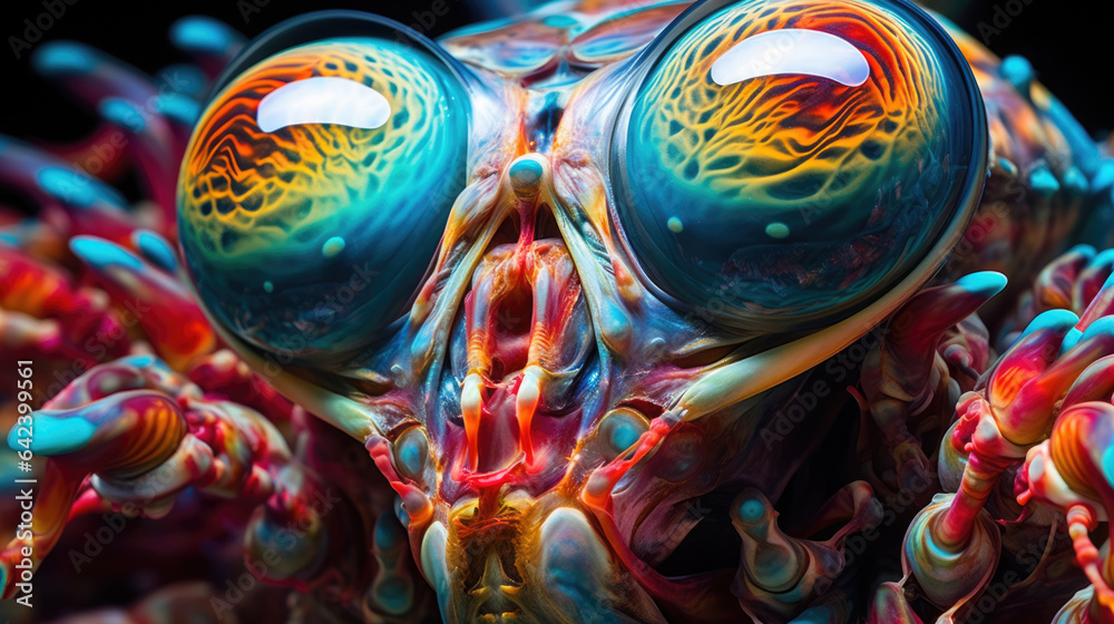 Vibrant mantis shrimp underwater on coral reef. Sea life macro background..