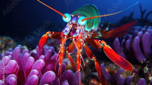 Vibrant mantis shrimp underwater on coral reef. Sea life macro background..