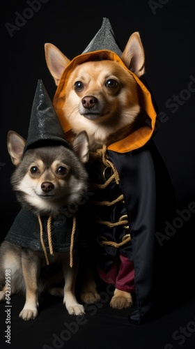 Dog wearing spooky costume for party. Horizontal shot of a happy cute puppy dressed in funny clothes and looking at the camera. Happy Halloween, autumn and Humanised animals concept.. © Oksana Smyshliaeva