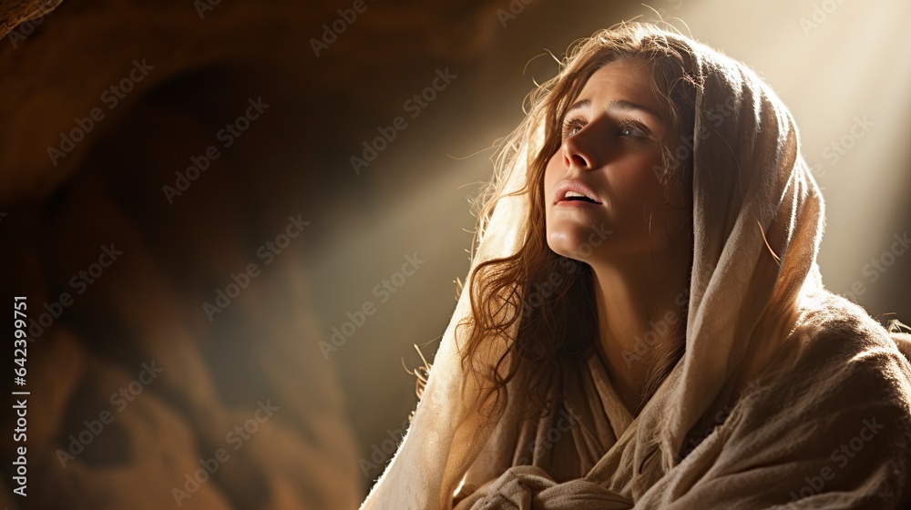 Fototapeta premium Mary coming out of the empty tomb, Jesus lives