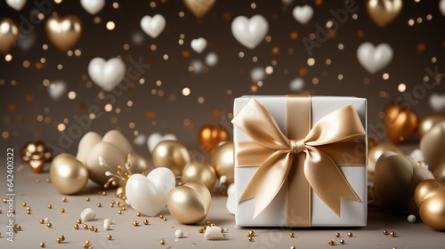 White gift box with golden bow. Christmas greeting card. Festive decoration on bokeh background. New Year concept. Copy space.