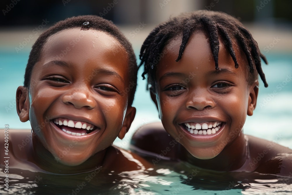 Happy black kids pool. Generate Ai Happy black kids pool. Generate Ai