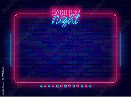 Quiz night neon banner. Trivia time. Minimal frame. Funny competition. Game event. Vector stock illustration