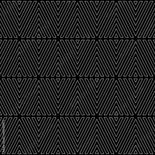 White broken lines contours on black background. Seamless surface pattern design with linear ornament. Curves wallpaper. Angle brackets motif. Digital paper with chevrons. Striped vector illustration.