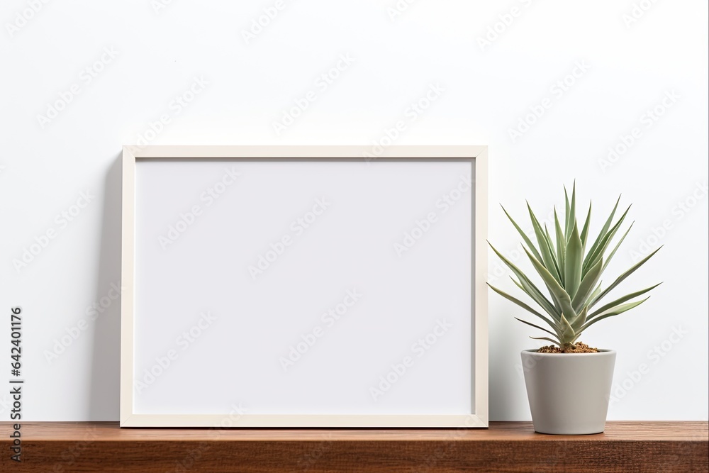 Horizontal Frame Mockup in Minimalist Interior with Plant on White Wall Background. Blank Template for Artwork, Painting, Poster or Picture Horizontal Frame Mockup in Minimalist Interior with Plant on White Wall Background. Blank Template for Artwork, Painting, Poster or Picture