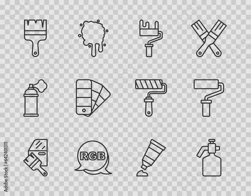 Set line Car painting, Paint spray gun, roller brush, RGB, Color palette guide, Tube with and icon. Vector