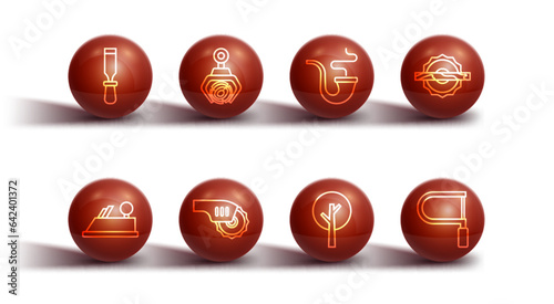 Set line Chisel tool, Wood plane, Electric circular saw, Tree, Grapple crane grabbed log, Hacksaw and Smoking pipe icon. Vector