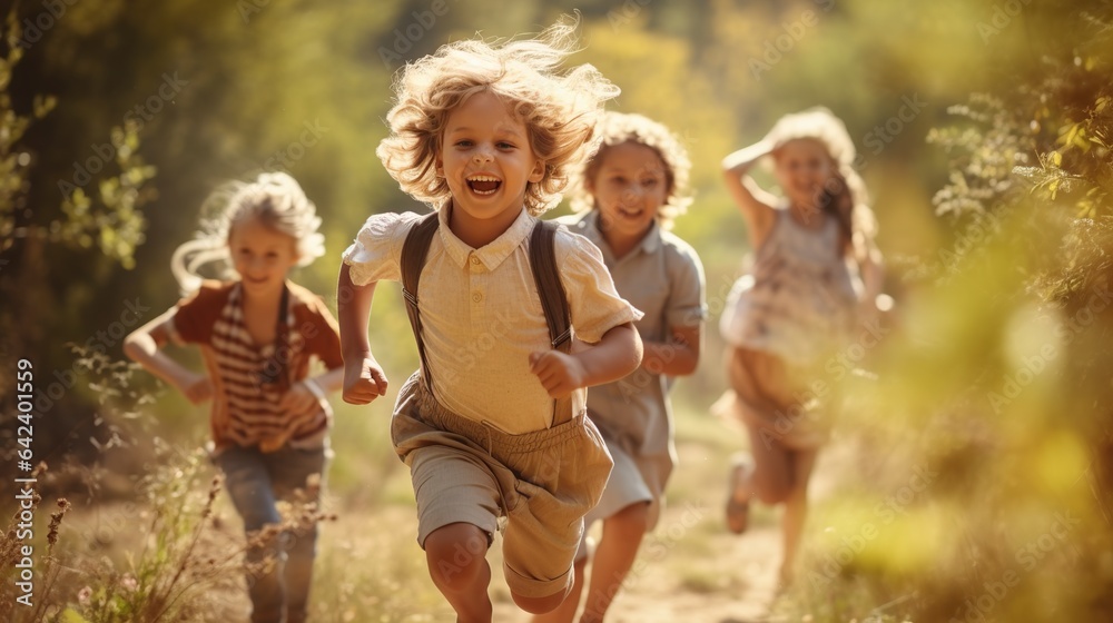 Fototapeta premium cheerful children chasing each other while having fun playing