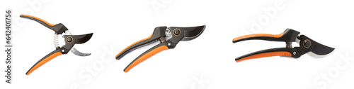 Garden pruners isolated on white background. Scissors for pruning branches.