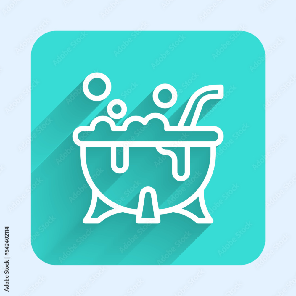 White line Halloween witch cauldron icon isolated with long shadow. Happy Halloween party. Green square button. Vector White line Halloween witch cauldron icon isolated with long shadow. Happy Halloween party. Green square button. Vector