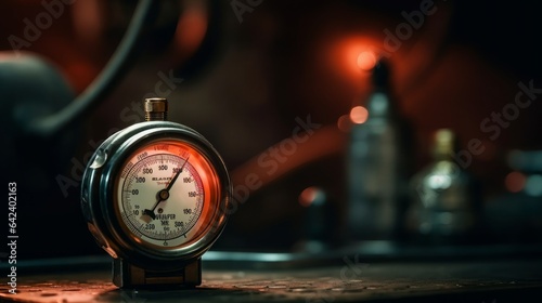 Classic Timekeeping Device: Vintage Industrial Pocket Watch with Antique Dial, Metal Gauge and Time Measurements, generative AI