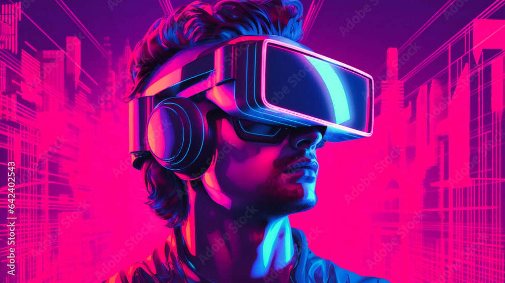 Man Wearing Virtual Reality Display: Immersive Technology Experience
