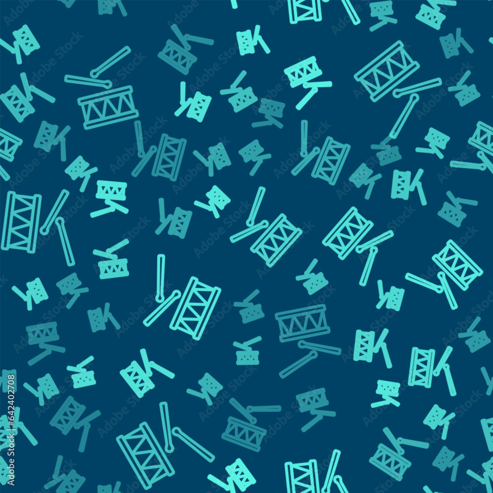 Green line Drum with drum sticks icon isolated seamless pattern on blue background. Music sign. Musical instrument symbol. Vector Green line Drum with drum sticks icon isolated seamless pattern on blue background. Music sign. Musical instrument symbol. Vector