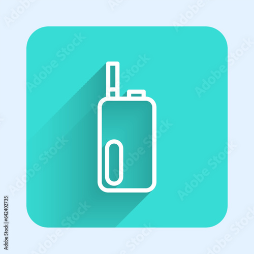 White line Electronic cigarette icon isolated with long shadow background. Vape smoking tool. Vaporizer Device. Green square button. Vector