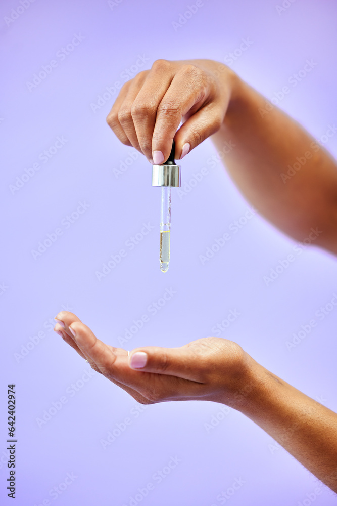 Skincare, hands and woman with oil in studio for wellness, dermatology or skin glow on purple background. Beauty, female and lady model show liquid serum for self care, shine or cosmetic collagen Skincare, hands and woman with oil in studio for wellness, dermatology or skin glow on purple background. Beauty, female and lady model show liquid serum for self care, shine or cosmetic collagen