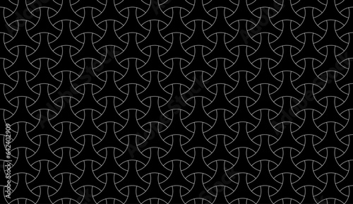 Seamless surface pattern design with traditional japanese ornament. Three pronged blocks tessellation. Repeated black interlocking figures on white background. Bishamon armor motif. Sashiko embroidery