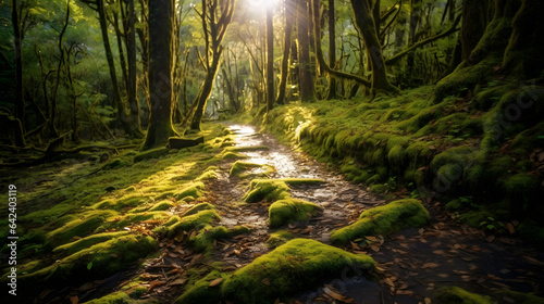 A scenic hiking trail leading through a mossy forest  with sunlight streaming through the trees