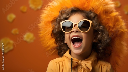 Child in sunglasses and retro style clothes is singing a song. Generative AI photo