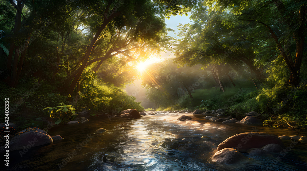 A scenic river flowing through a forest, with sunlight streaming through the tree canopy